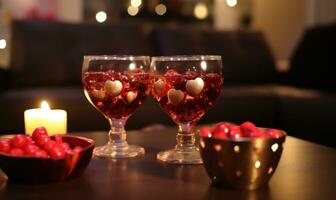 ai gegenereerd Valentijnsdag dag concept. twee bril van Champagne met snoepjes harten Aan de tafel foto