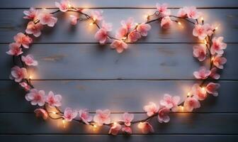 ai gegenereerd Valentijnsdag dag achtergrond met roze perzik bloesems hart vormig licht bollen foto