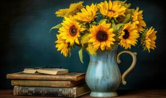 ai gegenereerd boeket van zonnebloemen in een vaas en boeken foto