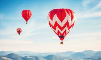 ai gegenereerd kleurrijk heet lucht ballonnen vliegend hoog in blauw lucht. foto