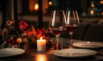 ai gegenereerd romantisch avondeten met wijn, kaarsen en roos Aan houten tafel in restaurant foto