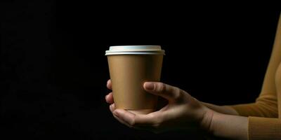 ai gegenereerd vrouw hand- Holding een bruin koffie papier kop Aan zwart achtergrond. elegant koffie kop model. generatief ai foto