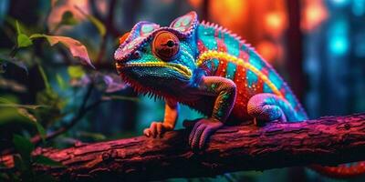 ai gegenereerd kleurrijk kameleon neergestreken Aan een boom Afdeling met levendig neon licht effect. digitaal kunst. generatief ai foto