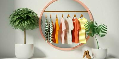 ai gegenereerd modieus kleren Aan hangers in een minimalistische interieur. mode tonen kamer interieur. generatief ai foto