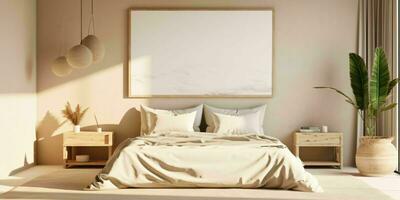 ai gegenereerd minimalistische beige bed kamer interieur ontwerp met blanco wit afbeelding kader model. generatief ai foto