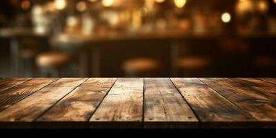 ai gegenereerd leeg houten tafel met bokeh cafe achtergrond en gouden lichten. generatief ai foto