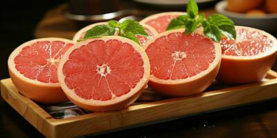 ai gegenereerd gesneden vers grapefruits met water druppels. pomelo vruchten. generatief ai foto