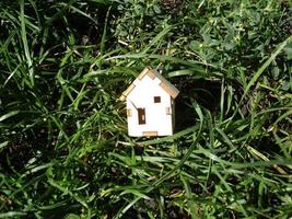 houten huis ligt op groen gras foto