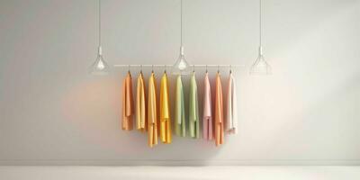 ai gegenereerd modieus kleren Aan hangers in een minimalistische interieur. mode tonen kamer interieur. generatief ai foto