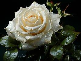 ai gegenereerd bloeiend wit roos met water druppels Aan het geïsoleerd Aan zwart achtergrond. roos dichtbij omhoog. generatief ai foto