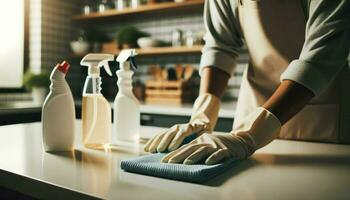 ai gegenereerd een individu vervelend handschoenen, grondig schoonmaak een keuken balie. foto