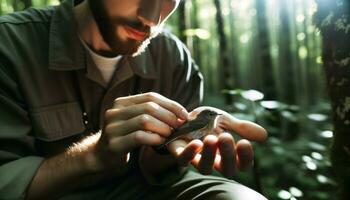 ai gegenereerd detailopname foto van een mannetje dieren in het wild bioloog van Europese afdaling voorzichtig taggen een klein vogel in zijn hand-