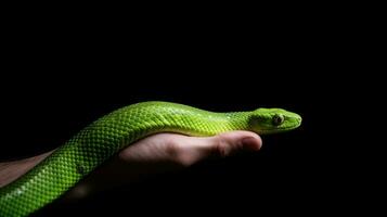 ai gegenereerd hand- Holding een groen slang, geïsoleerd zwart achtergrond foto
