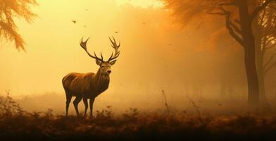 ai gegenereerd machtig rood hert staand in de Woud met dicht mist in de ochtend, herfst thema foto