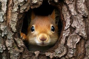 ai gegenereerd een schattig eekhoorn gluurt uit van een boom gat foto