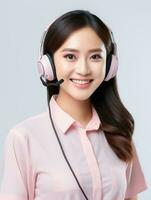 ai gegenereerd mooi glimlachen Koreaans telefoontje centrum arbeider met hoofdtelefoons staand met geïsoleerd wit achtergrond foto