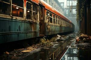 ai gegenereerd verlaten trein station met somber en verbrijzeld ramen foto