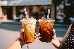 gelukkig vrouw vrienden met ijs koffie Aan stad straat ,generatief ai foto