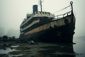 ai gegenereerd verlaten en vernield schip met somber omgeving foto