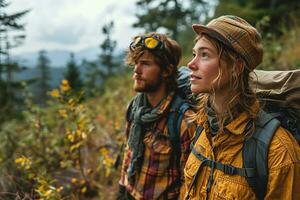 ai gegenereerd twee backpackers wandelen Aan een aard pad foto