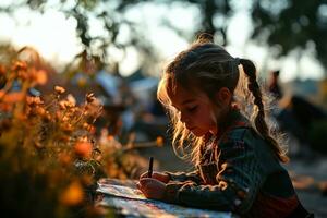 ai gegenereerd kleuterschool kinderen tekening een natuur voorwerp Bij een park gedurende zonsopkomst foto