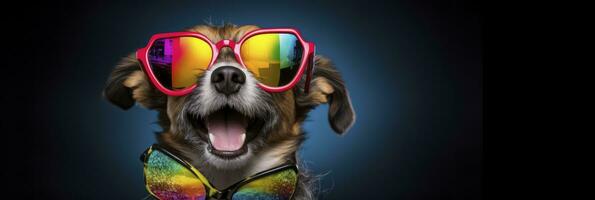 ai gegenereerd grappig hond in een regenboog carnaval feest. generatief ai foto