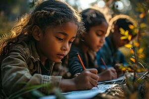 ai gegenereerd kleuterschool kinderen tekening een natuur voorwerp Bij een park gedurende zonsopkomst foto