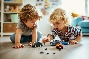 ai gegenereerd kinderen spelen met speelgoed- auto's foto