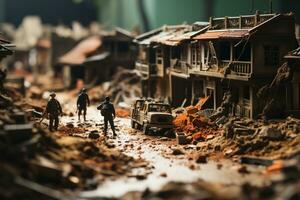 ai gegenereerd mini beeldje soldaat met geruïneerd huizen oorlog diorama foto