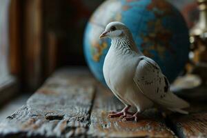 ai gegenereerd een duif en een een wereldbol van aarde symboliseert vrede en eenheid foto
