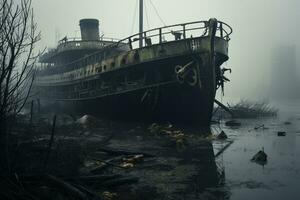 ai gegenereerd verlaten en vernield schip met somber omgeving ai gegenereerd foto