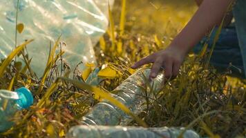 kind meisje verzameling plastic vuilnis in natuur. kind plukken omhoog uitschot in park. foto