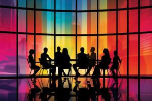 silhouetten van team in een vergadering kamer met een kleurrijk venster achter de, generatieve ai. foto