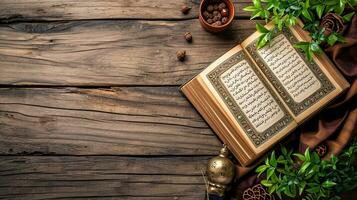 ai gegenereerd top visie van al koran Aan houten tafel, ai generatief foto