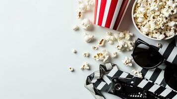 ai gegenereerd popcorn, bril en film klepel Aan wit achtergrond. ai generatief foto