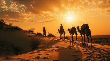 ai gegenereerd silhouet van kameel caravan in de Sahara woestijn Bij zonsondergang, Marokko. ai generatief foto