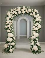 ai gegenereerd modern binnen- bruiloft backdrop met abstract bloemen regelingen foto