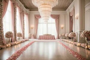ai gegenereerd prachtig bruiloft backdrop met pioenen en hortensia's foto