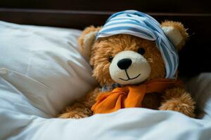 ai gegenereerd teddybeer herstel ongeluk slachtoffer in bed, benadrukkend leven verzekering concept foto
