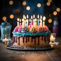 ai gegenereerd visie kleurrijk verjaardag taart met lit kaarsen tegen een backdrop van lichten voor sociaal media post grootte foto