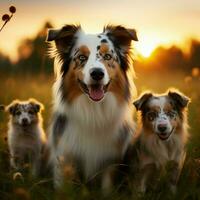 ai gegenereerd Australisch herder en puppy's stoeien in weide Bij gouden zonsondergang voor sociaal media post grootte foto