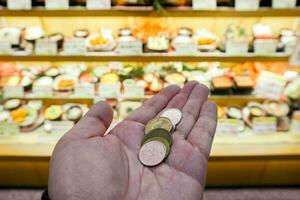 beeld van ogen op zoek Japan yen munten Aan hand- voorkant van wazig Japans restaurant Scherm, het shows dat de kosten van leven in Japan is zo hoog en de prijs van voedsel in restaurants is hoog te. foto