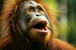 ai gegenereerd wild uitdrukking jong orangoetan vocaliseert luid in haar natuurlijk omgeving foto