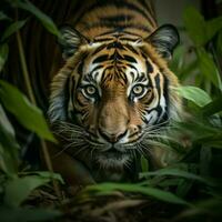 ai gegenereerd foto sumatran tijger in detailopname, stalken prooi met oerwoud sfeer voor sociaal media post grootte