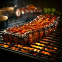 ai gegenereerd sissend barbecue ribben Aan een grill, detailopname van heerlijkheid voor sociaal media post grootte foto