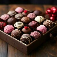 ai gegenereerd geassorteerd valentijnsdag dag chocolaatjes in een detailopname visie Aan hout voor sociaal media post grootte foto