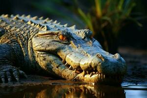 ai gegenereerd krokodil, crocodylus niloticus, zonnen Aan de rustig oever van de rivier landschap foto