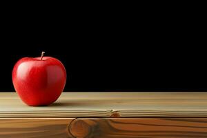 ai gegenereerd decoratief eenvoud houten tafel verbeterd door een kunstmatig rood appel foto