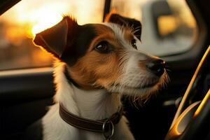 ai gegenereerd beeld jack Russell terriër hond gevangen genomen in de auto Bij zonsondergang foto