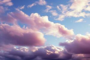 ai gegenereerd pastel dromen cumulus wolken creëren een rustig roze Purper cloudscape foto